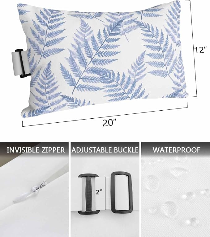 Lumbar Pillow Covers Set of 4, Blue Ferns Waterproof Outdoor Chaise Lounge Pillow Covers with Elastic Strap, Spring Summer Botanical Leaves Headrest Pillowcase for Patio, 12 x 20