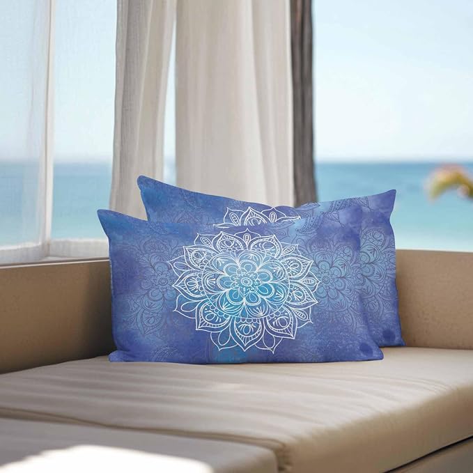 Vandarllin Outdoor Throw Pillows Covers 20x12 inch Set of 2 Waterproof Blue Boho Floral Decorative Zippered Cushion Covers for Patio Furniture, Bohemian Flower Lumbar Pillowcases
