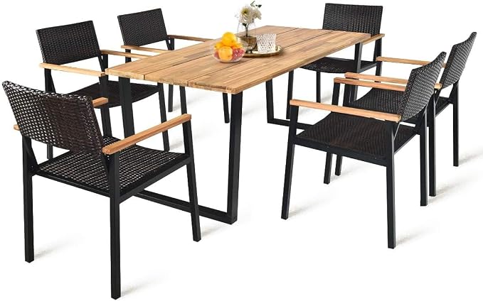 HAPPYGRILL 7 Pieces Wood Rattan Patio Dining Set, Outdoor Dining Furniture Set with Rectangle Table Wicker Chairs, Acacia Wood Tabletop with Umbrella Hole, Dining Set for Garden Backyard