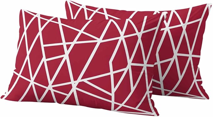 Outdoor Pillow Covers Waterproof, Red Geometric Decorative Rectangle Throw Pillowcases Patio Cushion Covers for Tent/Garden, 20" x 12" 2 Pack, Abstract Stripes Modern Minimalist