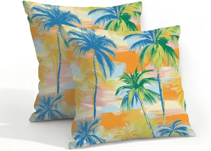 Waterproof Outdoor Pillow Covers Patio Throw Pillow Cases 18x18 PalmTrees | Decorative Throw Pillows Patio Cushion Covers Set of 2, Outdoor Pillow Inserts Cover for Couch Chair