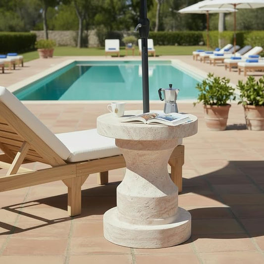 Christopher Knight Home Ravello 18" Lightweight Concrete End Table, Indoor Outdoor Accent Table, Round Side Table with Natural Travertine Effect and Umbrella Base, Patio Outdoor Side Table, Natural