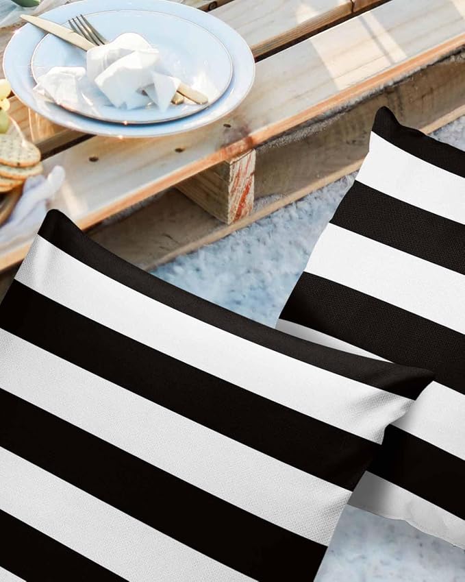 Outdoor Pillows 18x18 Waterproof Outdoor Pillow Covers, Black White Stripes Polyester Throw Pillow Covers Garden Cushion Decorative Case for Patio Couch Decoration Set of 2, Geometric