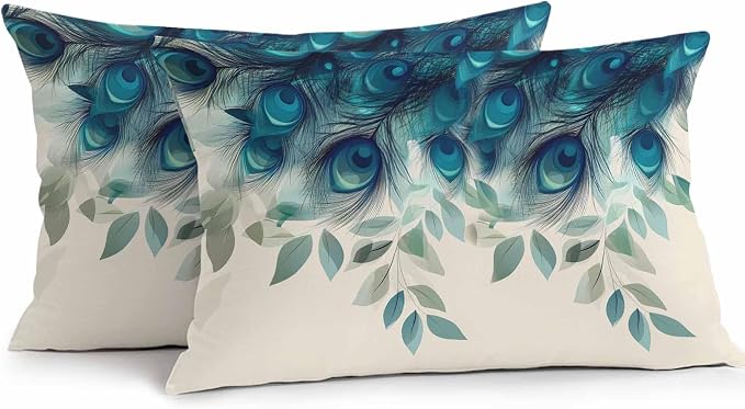 Teal Turquoise Outdoor Pillow Covers 20x12 Inch Lumbar Pillow Covers Set of 2 Waterproof Decorative Throw Pillow Cases Peacock Feathers Aesthetics Eucalyptus Cushion Covers for Patio Furniture Garden