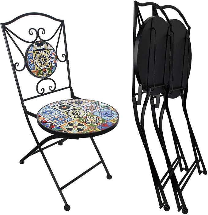 Folding Patio Chairs Set of 2 Mosaic Bistro Chair Outdoor Seating | Garden Patio Furniture Seating Heavy Duty Metal Frame Dining Chairs for Lawn Yard Balcony Porch Backyard Poolside