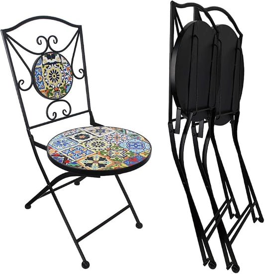Folding Patio Chairs Set of 2 Mosaic Bistro Chair Outdoor Seating | Garden Patio Furniture Seating Heavy Duty Metal Frame Dining Chairs for Lawn Yard Balcony Porch Backyard Poolside