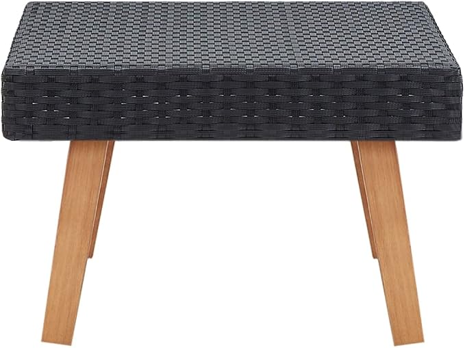 Outdoor Coffee Table, Black PE Rattan and Powder-Coated Steel Patio Table with Eucalyptus Wood, Square Low Profile Furniture for Garden, Terrace, and Balcony, 27.6 x 27.6 x 13 Inches