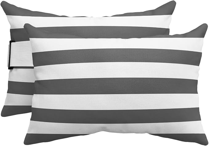 T&H XHome Outdoor Pillow for Chaise Lounge Chair, Deep Gray and White Stripe Waterproof Headrest Pillow Lumbar Pillows with Adjustable Elastic Strap for Beach, Poolside, Patio, Office (2 Pack)