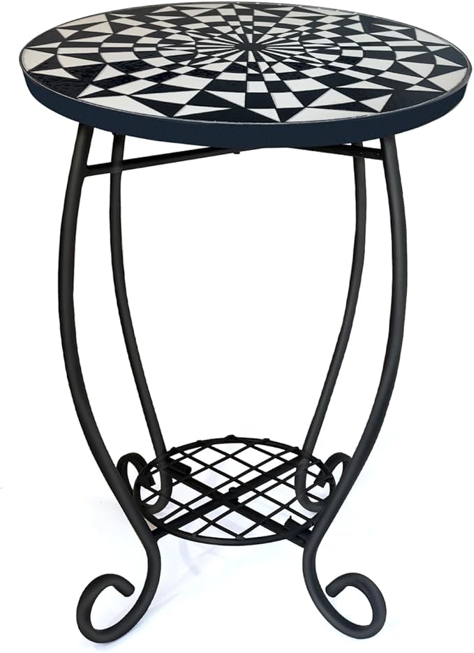 LIFFY Outdoor Side Table,12" Round Ceramic Tabletop Accent Table with Metal Frame, Indoor Small Decorative Plant Stand & End Table for Home, Patio, Garden