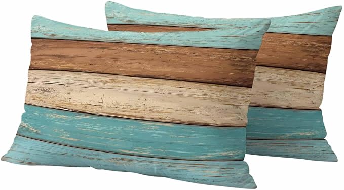 Farmhouse Aqua Brown Outdoor Waterproof Pillow Covers, Vintage Wooden Striped Decorative Rectangle Throw Pillowcase Sofa Cushion Sham for Patio/Couch/Chair, 20"x12" 2 Pack