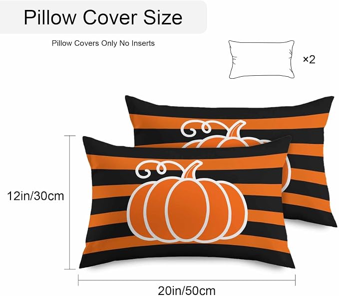 Orange Pumpkins Outdoor Waterproof Pillow Covers, Autumn Black Stripes Farmhouse Decorative Rectangle Throw Pillowcase Sofa Cushion Sham for Patio/Couch/Chair, 20"x12" 2 Pack