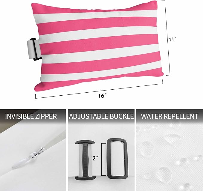 Monochrome Pink Striped Outdoor Head Pillows for Recliner Lounge Chair,Pack of 1 Waterproof Throw Pillow Cushion Cases with Insert&Elastic Strap,Modern Geometric Line Neck Pillow for Patio Beach