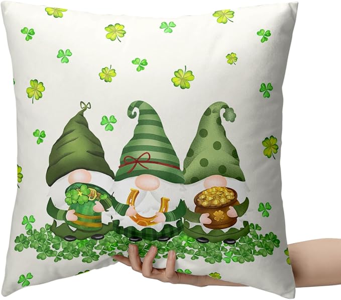 Green Clover Shamrock Decorative Throw Pillow Covers 16x16 Set of 2 St Patricks Day Cushion Case Lucky Gnomes Square Pillow Cases for Chair Sofa Bedroom Living Room Home Decor