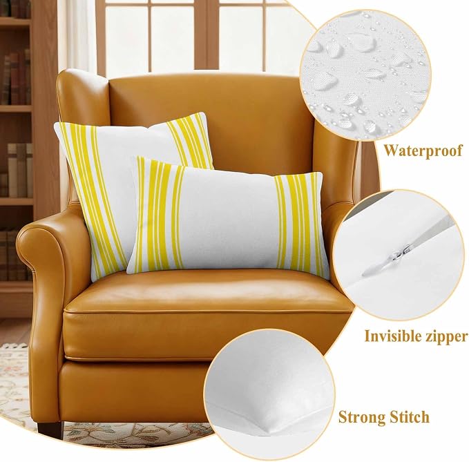 Outdoor Waterproof Throw Pillow Covers Set of 2 Yellow Stripes Pillowcases 18x18 Inches White Vertical Striped Decorative Pillows Cushion Case Patio Pillows for Couch Bed Chair Garden