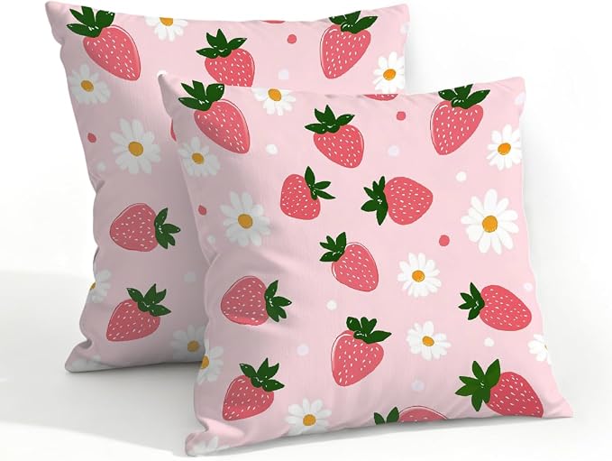 20x20 Inch Outdoor Pillow Covers Set of 2 Waterproof Throw Pillow Covers Decorative Couch Cushion Covers Pink Strawberries Daisy Square Pillowcases Protectors for Patio Garden Sofa