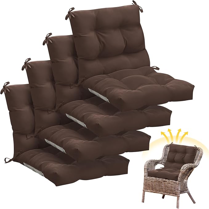 Marsui 4 Pcs Outdoor Indoor High Back Chair Cushions Patio Furniture Tufted Pillow with Ties Water-Resistant Replacement Outdoor Rocking Chair Cushions, 42 x 21 Inches (Brown,Solid Color)