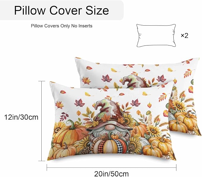 Fall Gnomes Outdoor Waterproof Pillow Covers, Thanksgiving Pumpkins Leaf Sunflowers Farm Decorative Rectangle Throw Pillowcase Sofa Cushion Sham for Patio/Couch/Chair, 20"x12" 2 Pack