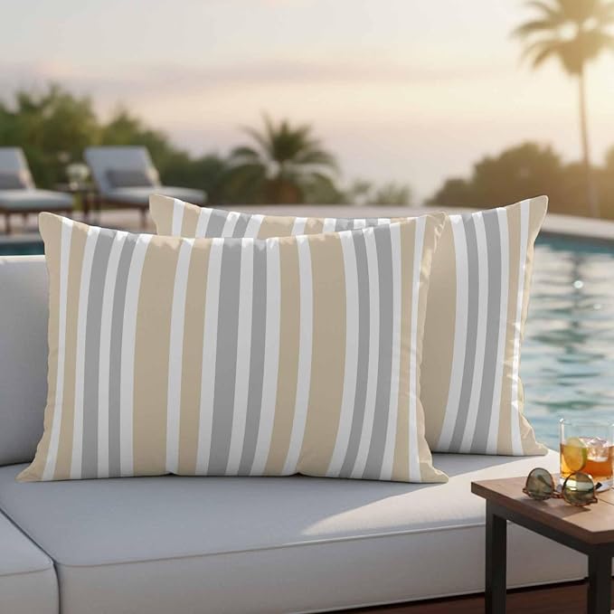 Beige Grey Stripe Outdoor Pillow Covers 20x12 Inch Lumbar Pillow Covers Set of 2 Waterproof Decorative Throw Pillow Cases Farmhouse Minimalist Striped Cushion Covers for Patio Furniture Garden Couch