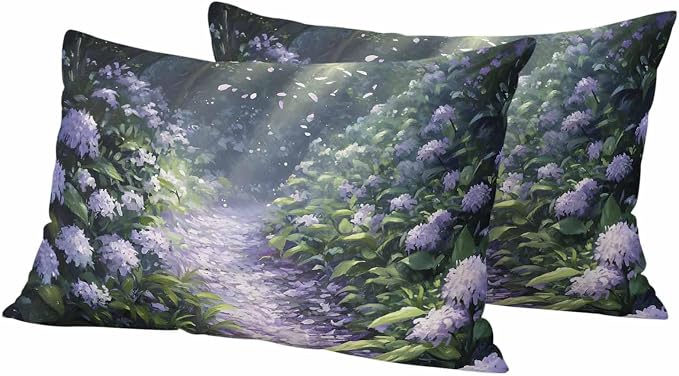 Purple Floral Outdoor Waterproof Throw Pillow Covers Set of 2, 20"x12", Spring Landscape Scenery Nature Decorative Pillow Covers Outside Cushion Case for Patio Porch Garden