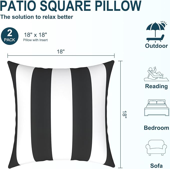 DYTXIII Pack of 2 Waterproof Outdoor Pillow with Inserts, 18x18 Square Patio Decorative Throw Pillow for Home,Sofa,Bench and Patio Furniture,Cabana Black