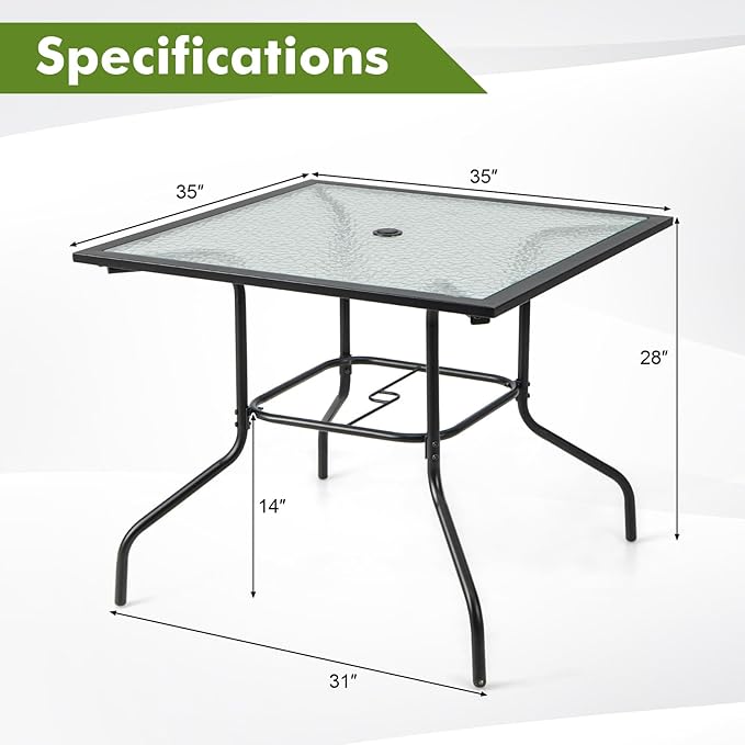 Tangkula 35 Inch Patio Dining Table with Tempered Glass Top, Square 4-Person Outdoor Bistro Table with 1.5" Umbrella Hole & Sturdy Metal Frame, Patio Dining Table for Backyard, Lawn, Deck & Poolside