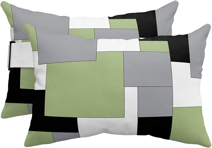 Outdoor Pillows Covers with Inserts Abstract Art Green Black Gray Splice Waterproof Recliner Pillow with Adjustable Strap Throw Pillows for Patio Furniture Pool Lounge Chair, 11x16 inch, 2PCS