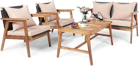 HAPPYGRILL 4 Piece Outdoor Rattan Sofa Set Acacia Wood Frame Conversation Set with Coffee Table, Modern Style for Backyard, Patio, Garden, Poolside, Balcony