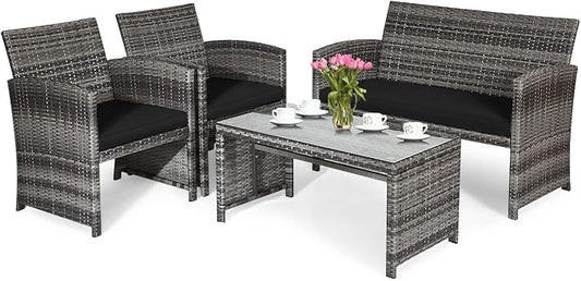 HAPPYGRILL 4 PCS Patio Conversation Set with Soft Cushions Rattan Furniture Set with PE Wicker Coffee Table & Sofa Chairs for Garden Poolside Porch Backyard