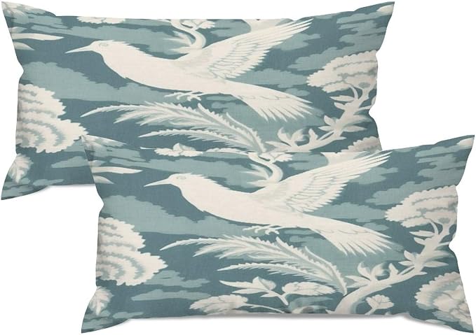 Set of 2 Blue Turquoise and White Birds Plant Pillow Covers 12x24in Farmhouse Canvas Cushion Covers Outdoor for Couch Chair Home Decor for Family Friends