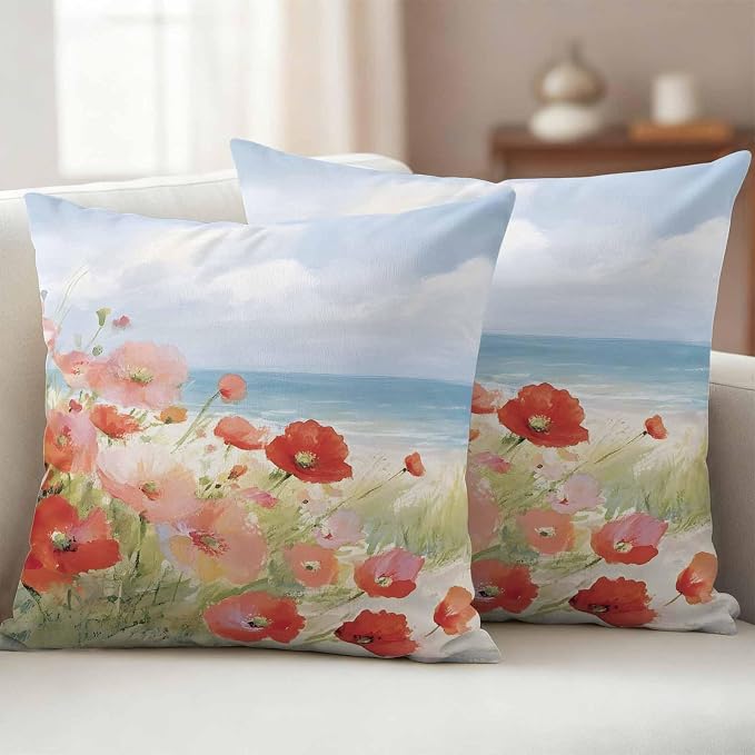 Spring Red Pink Floral Outdoor Pillow Covers 18x18 Inch Throw Pillow Covers Set of 2 Waterproof Decorative Pillow Cases Summer Coastal Beach Wave Ocean Blue Cushion Covers for Patio Furniture Garden