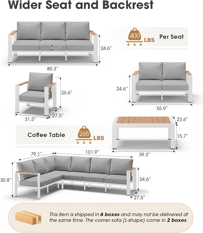 Aluminum Outdoor Patio Furniture Set 11 Seats, Outdoor Sectional Corner Sofa Set, Patio Conversation Sets with Washable Thick Cushions & Coffee Table for Porch, Yard, Garden, Deck, White