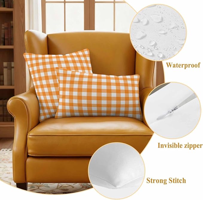 Orange Checks Outdoor Pillow Covers 24"x24" Set of 2, White Gingham Plaid Abstract Modern Summer Waterproof Throw Pillow Covers for Patio Furniture, Decorative Cushion Covers for Porch