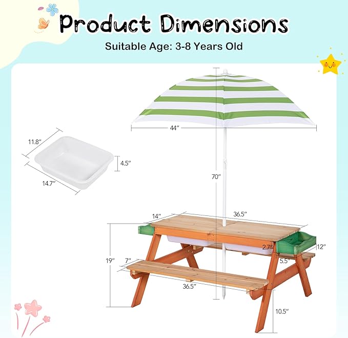 BRINJOY Kids Picnic Table, Outdoor Wooden Table w/Adjustable Umbrella & Garden Bed, 4-in-1 Sand & Water Activity Table w/Built-in Bench & Removable Boxes, Patio, Backyard