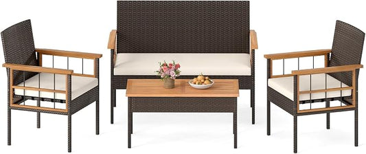 HAPPYGRILL Patio Furniture Set Outdoor Rattan Wicker Conversation Set with Acacia Wood Coffee Table, Chairs, Loveseat & Cushions, for Porch, Garden, Backyard, Poolside (4 Pieces)