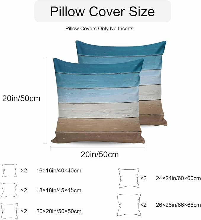 Blue Beige Brown Outdoor Pillow Covers 20x20 Inch Throw Pillow Covers Set of 2 Waterproof Decorative Pillow Cases Country Retro Gradient Wooden Grain Cushion Covers for Patio Furniture Garden Couch
