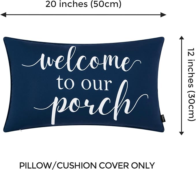 Hofdeco Premium Porch Patio Indoor Outdoor Lumbar Pillow Cover ONLY for Backyard, Couch, Sofa, Navy Blue Welcome to Our Porch, 12"x20"