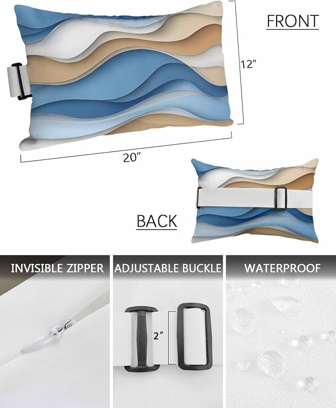 Ombre Blue Cream Outdoor Pillows for Chaise Lounge Chair, Modern Geometric Waterproof Lumbar Head Support Pillow with Adjustable Elastic Band for Pool Patio Furniture Decorative