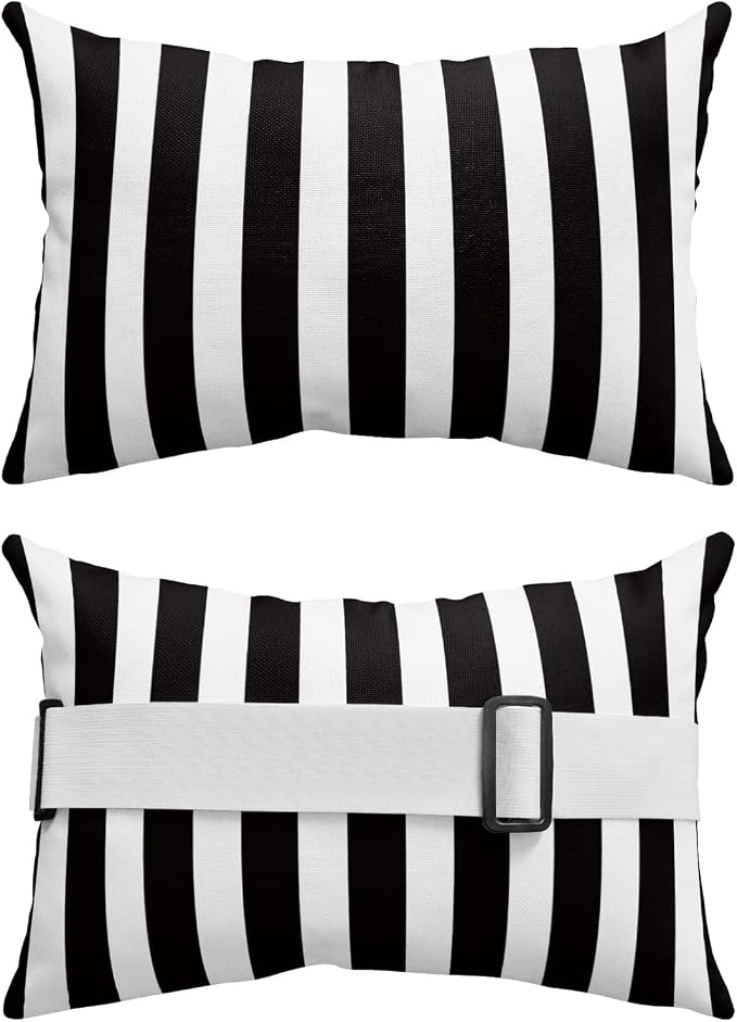 DecorLovee Black Striped Outdoor Recliner Pillows for Head, Farmhouse Waterproof Chair Pillow with Elastic Stripe, Black White Stripes Chaise Lounge Headrest Pillow for Patio/Beach/Pool 2Pack, 11"x16"