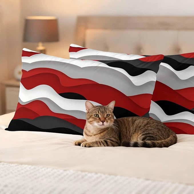 Ocean Waves Outdoor Waterproof Throw Pillow Covers Set of 2, 20"x12", Black Red Wave Gradient Decorative Pillow Covers Outside Cushion Case for Patio Porch Garden