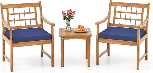 HAPPYGRILL 3 Piece Acacia Wood Patio Conversation Set, Outdoor Bistro Set with Cushions, Solid Wood Frame, 2 Armchairs & Coffee Table Set for Backyard, Porch, Poolside (Navy)