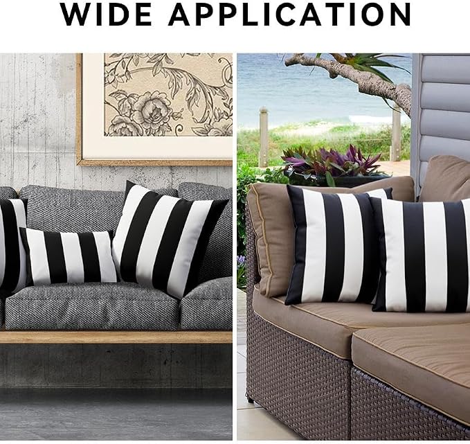 Pack of 2 Outdoor Waterproof Striped Pillow Covers Decorative Throw Covers | 12x20, Black and White, Garden Cushion Covers, Farmhouse Pillowcases for Couch Sofa Patio Tent Balcony
