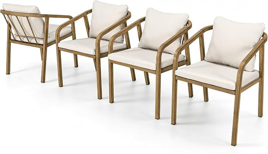 Outdoor Dining Chairs Set of 4, Never-Rust Aluminum Patio Dining Chairs with Removable Cushion, Ergonomic Patio Chairs with Wraparound Seating Design for Deck, Lawn, Commercial, Garden, Teak