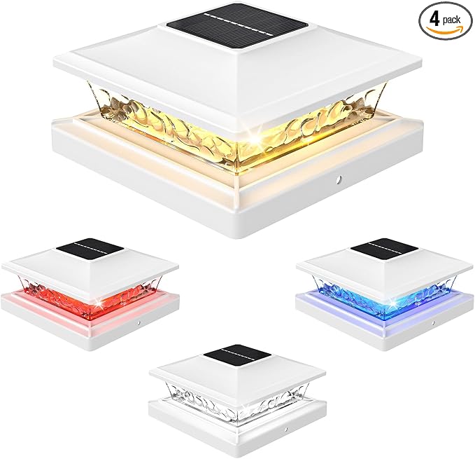 APONUO Solar Post Cap Lights with 8 RGB Solid Colors & Multicolor Flow - 4 Pack Fence Post Solar Lights, IP65 Waterproof - Fits 4x4 5x5 6x6 Wood & Vinyl Posts - White