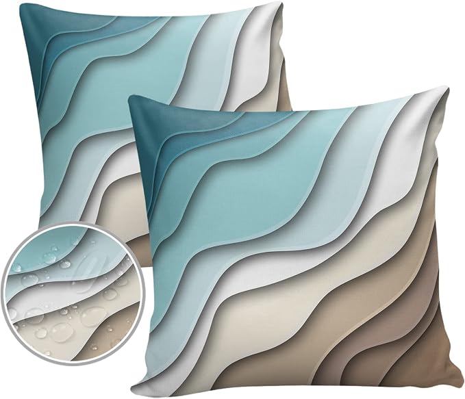 Outdoor Pillows 24x24 Waterproof Outdoor Pillow Covers Ombre Stripes Turquoise Brown Polyester Throw Pillow Covers Garden Cushion Decorative Case for Patio Couch Decoration Set of 2 Abstract Striped