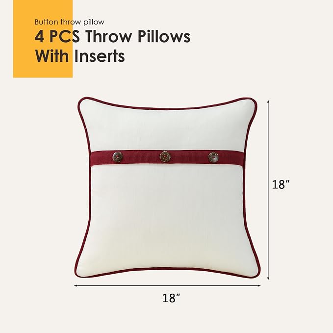 Outdoor Sunbrella Decorative Pillows with Triple Coconut Buttons Pack of 4, 18" x 18" Outdoor Pillow Set for Couch Bed Throw Patio Sofa, Spectrum Eggshell/Spectrum Ruby