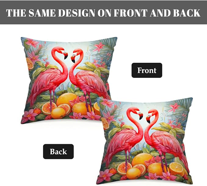 Flamingos Lemon Summer Fruit Outdoor Throw Pillow Covers 18x18 Inch Set of 2 Waterproof Decorative Square Pillowcases Cushion Cases for Patio Couch Garden Furniture Sofa