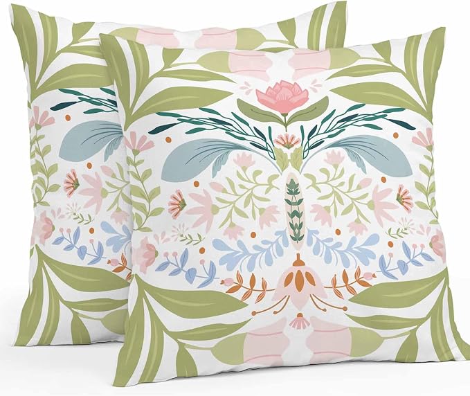 Outdoor Pillow Covers Waterproof, Green Blue Pink Floral All Weather Cushion Case Set of 2, Rustic Ethnic Boho Flowers Botanical Decorative Pillowcases for Sofa Couch Bed Decor Patio Furniture 24"x24"