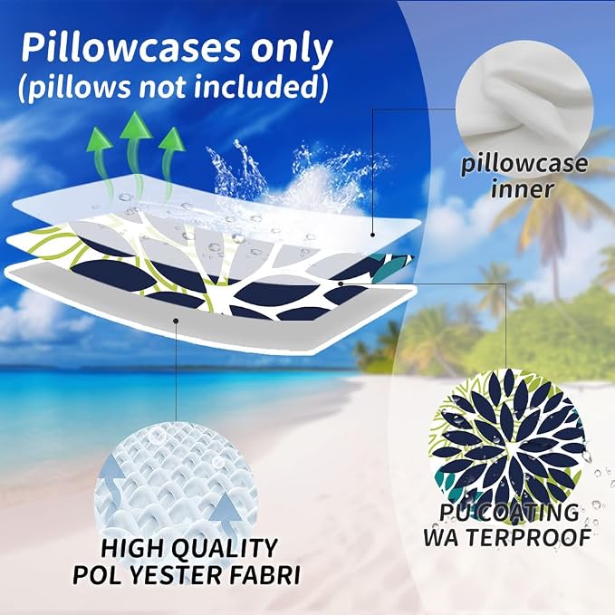 DFXSZ Outdoor Waterproof Pillow Covers 18x18 Set of 2 NavyBlue Green Flower | Spring Summer Waterproof Flower Throw Pillowcases（No Inserts）Outdoor Decor for Patio Funiture Garden Polyester Covers