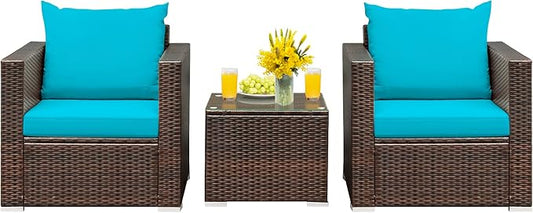 HAPPYGRILL 3 Pieces Patio Furniture Set PE Rattan Wicker Sofa Set with Cushions and Coffee Table Outdoor Patio Conversation Set for Garden Poolside Balcony