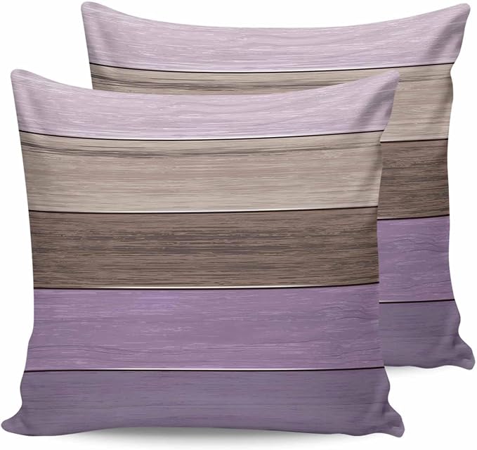 Outdoor Throw Pillow Covers 18X18 Set of 2 Waterproof Ombre Lavender Purple Brown Decorative Zippered Cushion Covers for Patio Furniture, Farmhouse Retro Rustic Barn Wood Texture Lumbar Pillowcases
